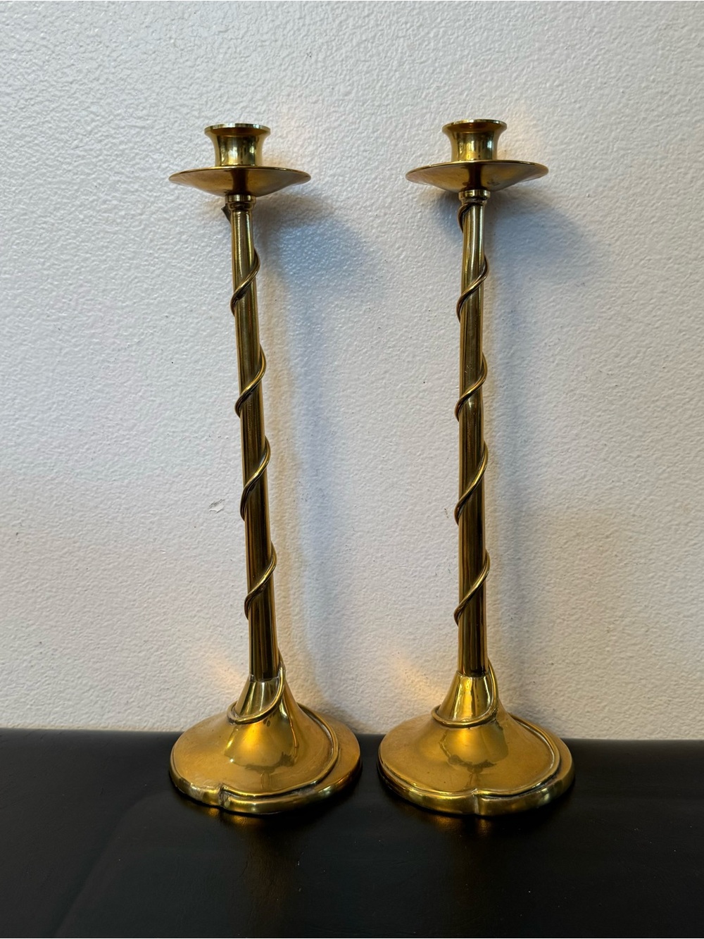 Vintage 1970s Brass Candlesticks Set of 2 13” Tall Spiral Twist Candle Holders